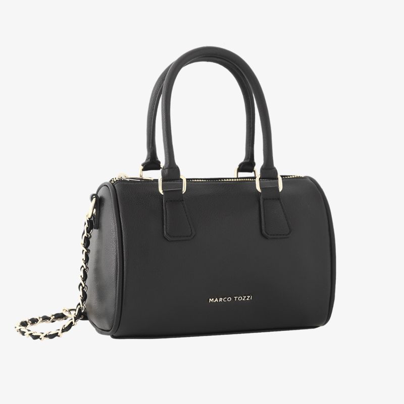 Elegante schwarze Handtasche mit strukturiertem Material, stabilen Henkeln und abnehmbarer Kette für stilvollen Auftritt.