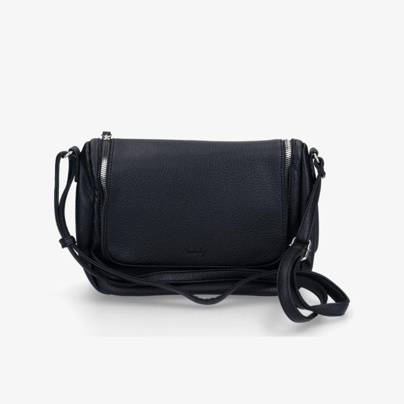 Schwarze Umhängetasche mit verstellbarem Riemen und praktischer Klappe, kompakt und langlebig im eleganten Design