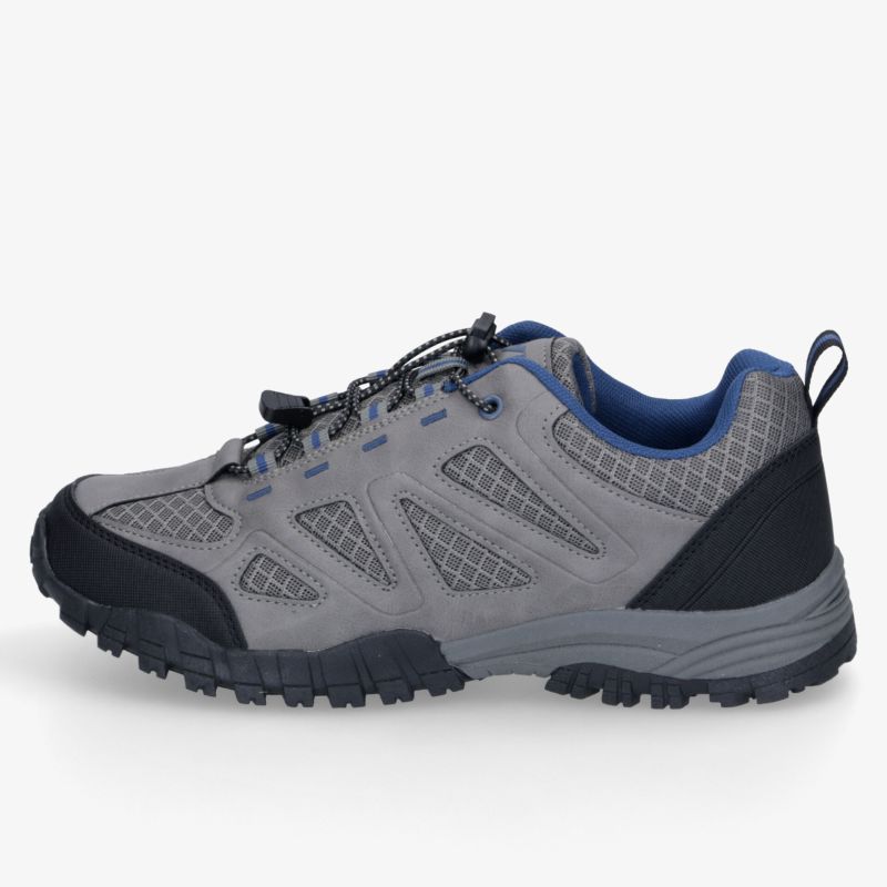 Grauer Outdoor-Schuh mit robustem Profil, atmungsaktivem Mesh, sicherer Schnürung und komfortabler Dämpfung in Seitenansicht.