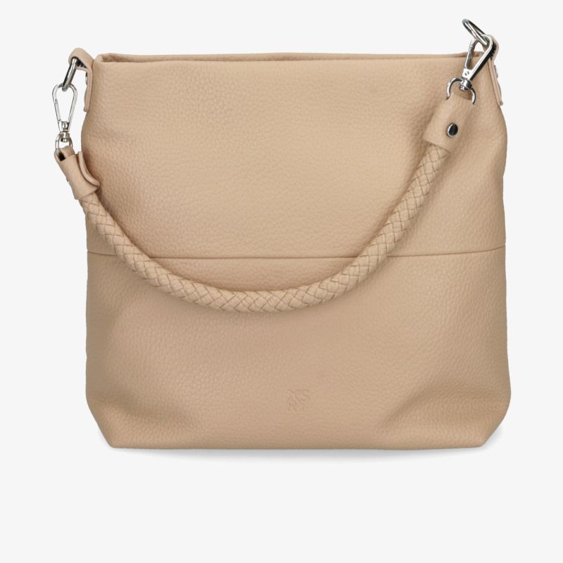Beige Handtasche mit geflochtenem Griff, weichem Material und stabiler, funktionaler Form in moderner Optik
