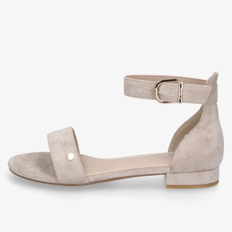 Elegante beige Sandale mit niedrigem Absatz und verstellbarem Riemen für hohen Tragekomfort
