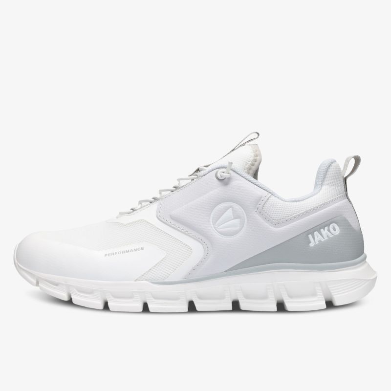 Moderner weiß-grauer Sportschuh mit leichter, flexibler Sohle und atmungsaktivem Material für hohen Tragekomfort