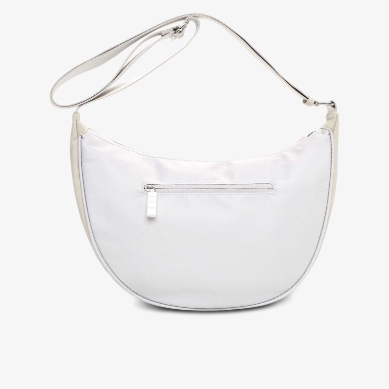 Weiße Schultertasche mit Reißverschluss und glatter Oberfläche, elegant und praktisch