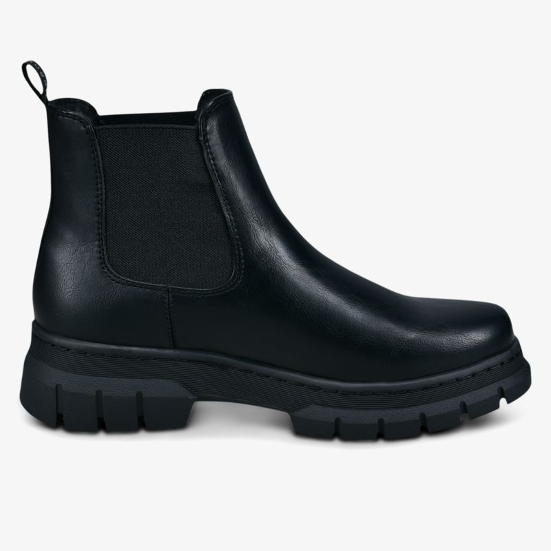 Robuster Chelsea-Boot aus schwarzem Leder mit elastischen Einsätzen und profilierter Sohle, bequem und vielseitig