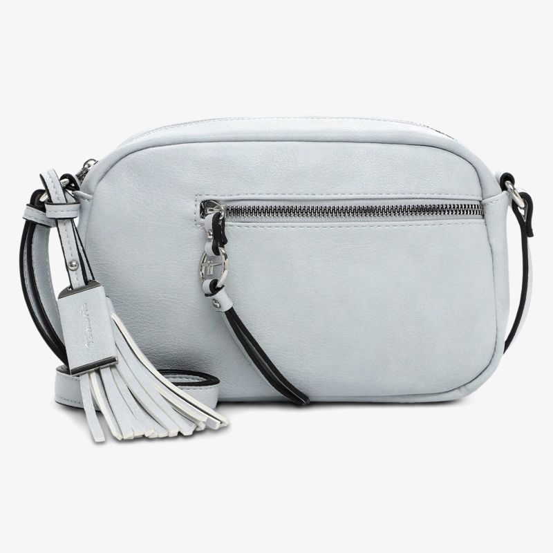 Elegante graue Umhängetasche mit Reißverschluss, Quaste und verstellbarem Riemen, kompakt und modern