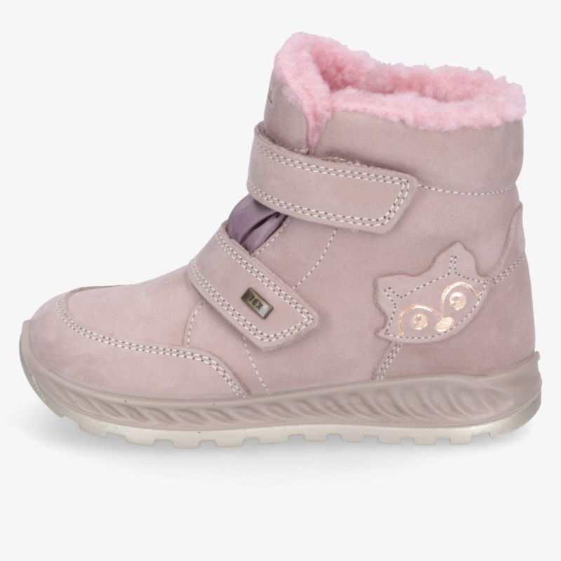 Seitliche Ansicht eines rosa Winterstiefels mit warmer Innenausstattung und verstellbaren Klettverschlüssen für guten Halt