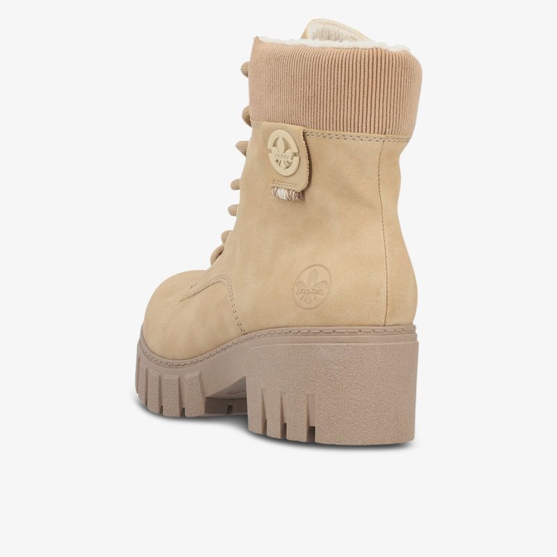 Beiger robuster Stiefel mit Blockabsatz und Schnürverschluss, seitliche Ansicht