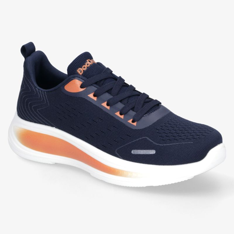 Moderner sportlicher Laufschuh mit atmungsaktivem Material und flexiblem, stoßdämpfendem Sohlenprofil in Dunkelblau und Orange