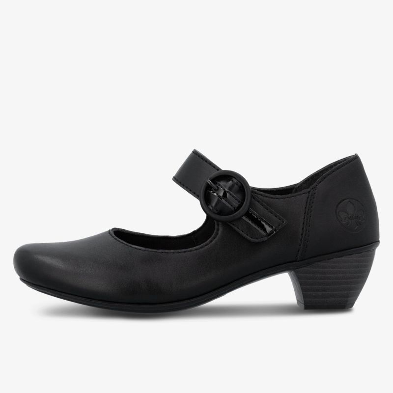 Eleganter schwarzer Mary Jane Schuh aus Leder mit verstellbarem Riemen und mittelhohem Absatz, seitliche Ansicht