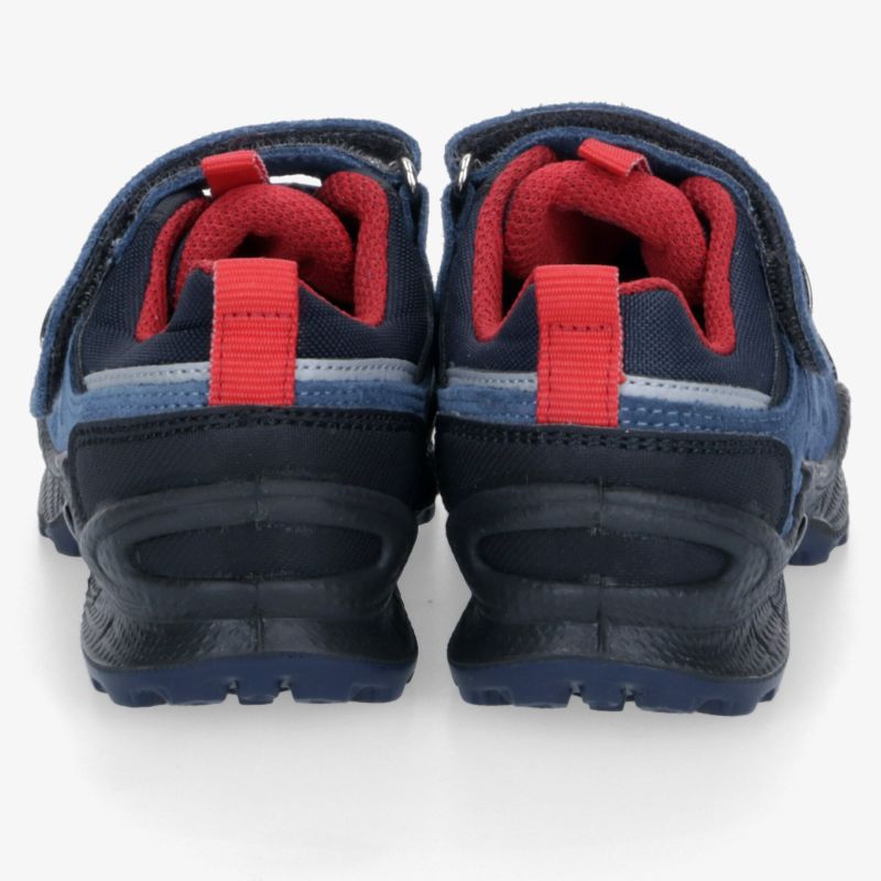 Rückansicht eines robusten blauen und roten Wanderschuhs mit stabiler, rutschfester Sohle und bequemer Polsterung