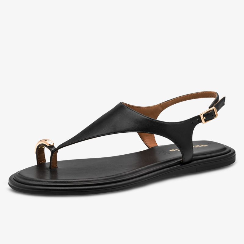 Elegante schwarze Riemchensandale mit verstellbarem Fersenriemen und flacher Sohle, minimalistisches Design