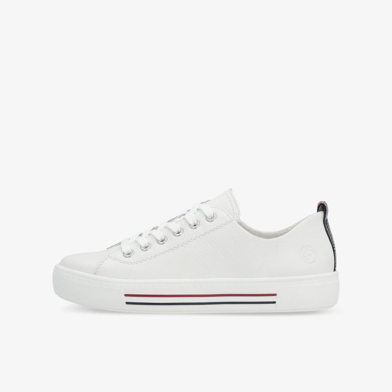 Seitliche Ansicht eines weißen Sneakers mit sauberem Design, Schnürsenkeln und rutschfester Sohle, sportlich und bequem
