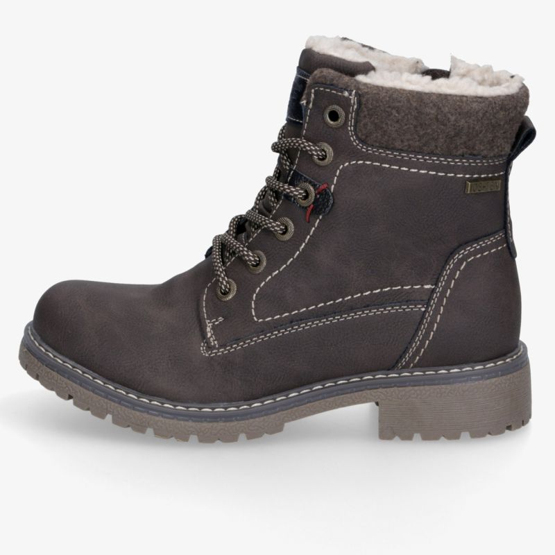 Brauner Schnürstiefel mit warmem Futter, robustem Profil und komfortabler Passform in schräger Seitenansicht