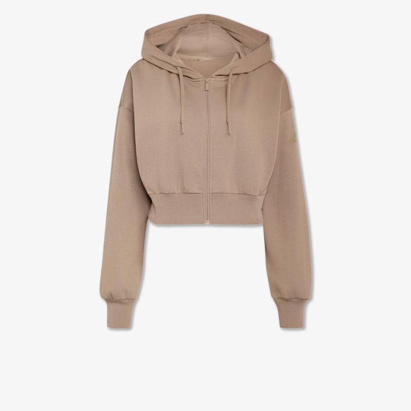 Beige kurze Kapuzenjacke mit elastischen Bündchen und gemütlichem, bequemen Schnitt
