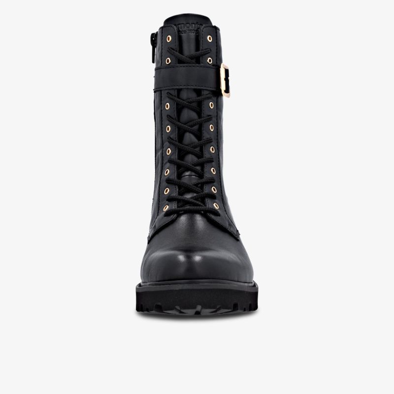 Schwarzer robuster Schnürstiefel mit Metallösen und hohem Schaft, ideal für modischen Alltag und Komfort