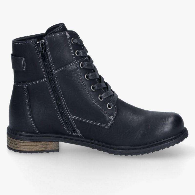 Schwarzer robuster Stiefel aus Leder mit Schnürung und seitlichem Reißverschluss, modisch und komfortabel
