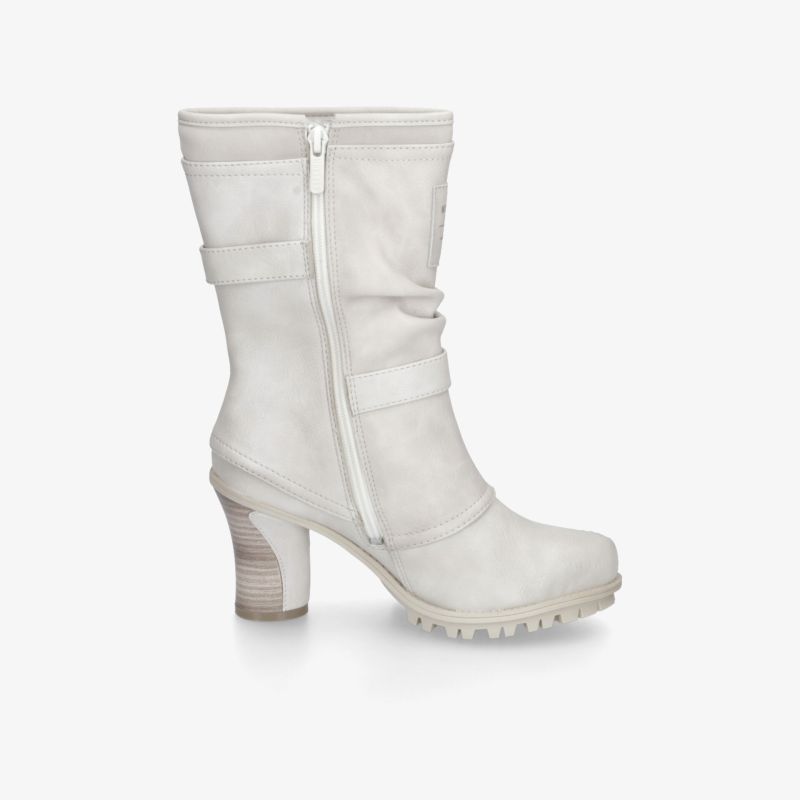 moderner weißer Stiefel mit praktischem Reißverschluss und komfortablem Absatz, seitliche Ansicht