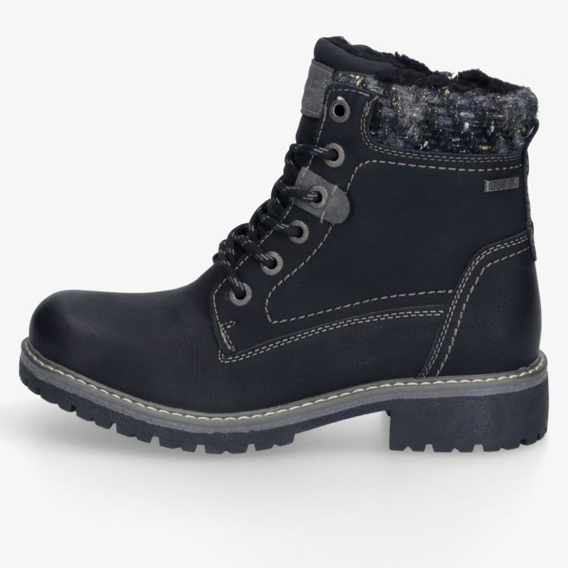 Schwarzer Schnürstiefel mit robuster Profilsohle, weichem Schaft, dekorativen Nähten und markanter Schnürung