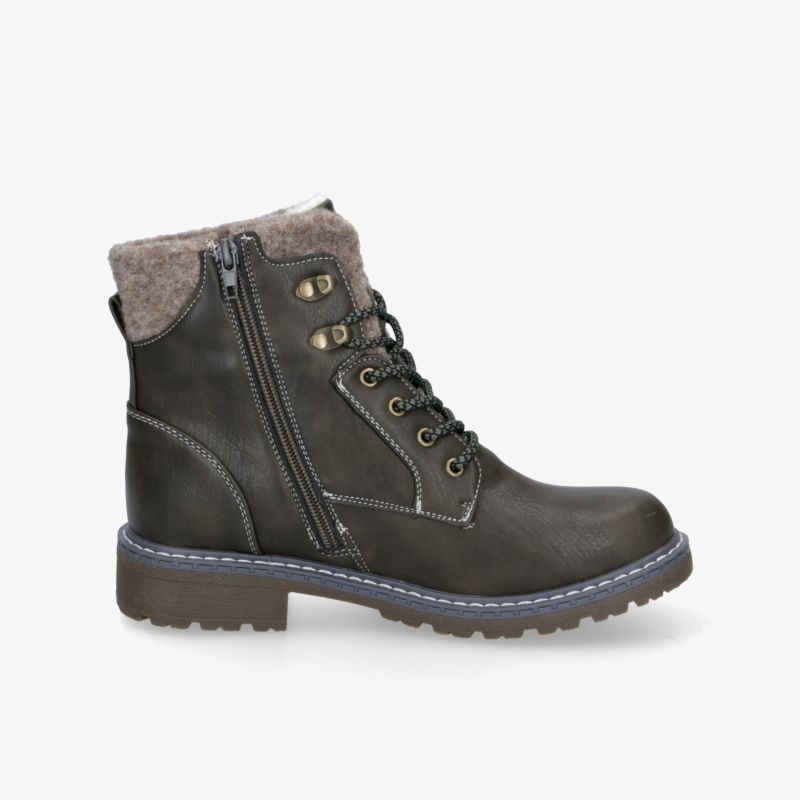 Robuster dunkelbrauner Schuh mit warmem Futter und seitlichem Reißverschluss, rutschfeste Sohle für sicheren Halt