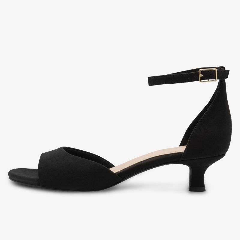 Eleganter schwarzer Schuh mit niedrigem Absatz und verstellbarem Knöchelriemen für komfortablen Halt