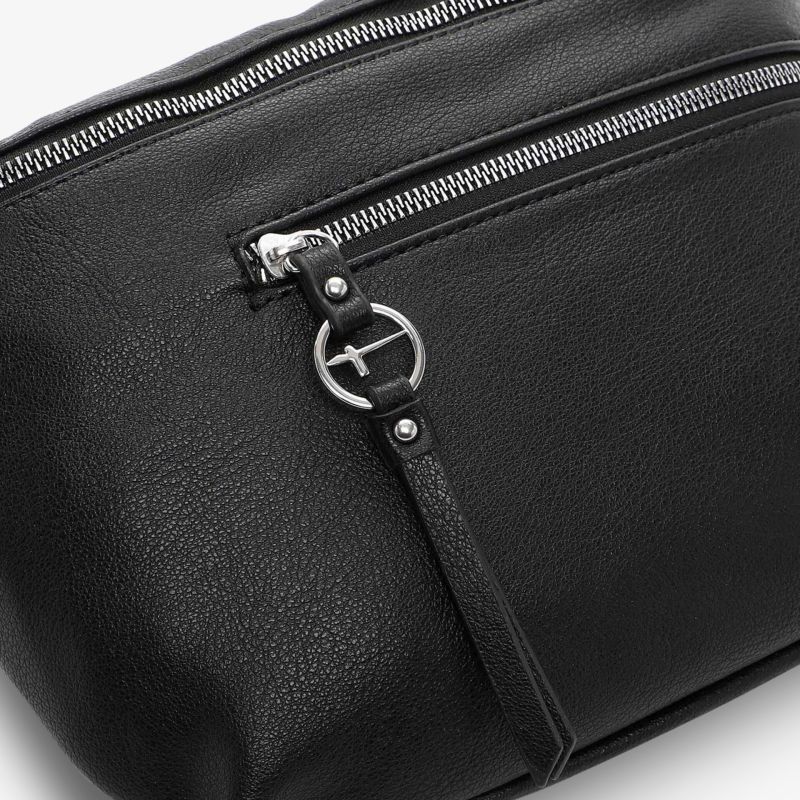 Detailaufnahme einer schwarzen Leder Tasche mit hochwertigem Reißverschluss und strapazierfähigem Material