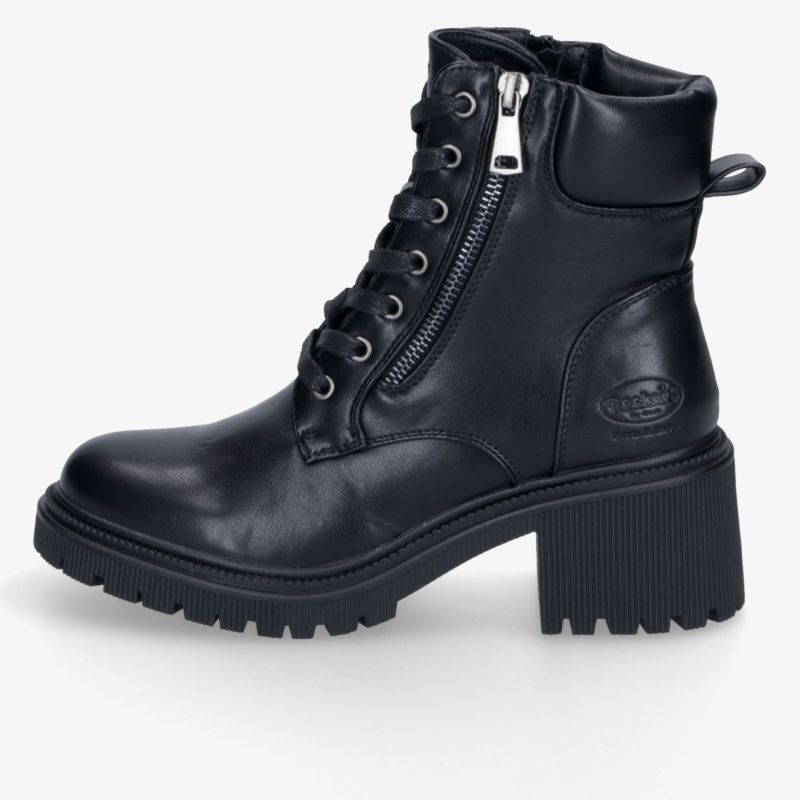 Seitenansicht schwarzer Ankle Boot mit robustem Blockabsatz, Reißverschluss und Schnürung für hohen Tragekomfort