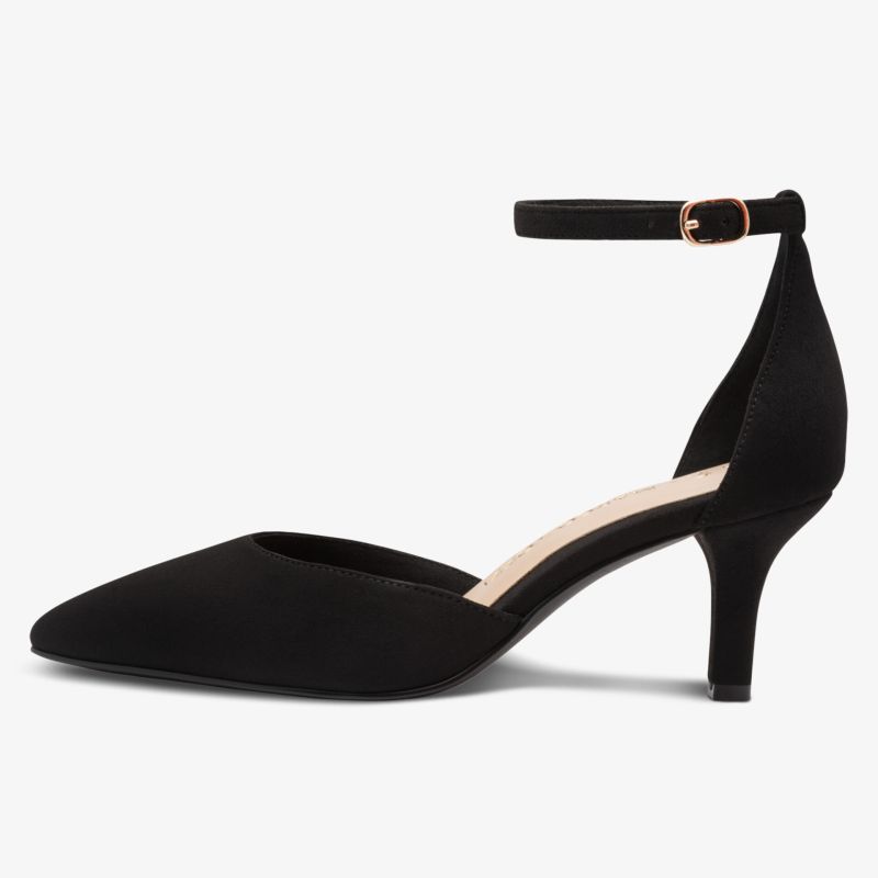 Eleganter schwarzer Pumps mit spitzem Zehenbereich und verstellbarem Knöchelriemen, mittelhoher Absatz