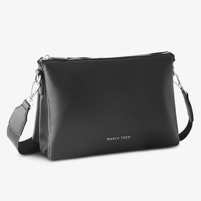 Elegante kompakte schwarze Ledertasche mit abnehmbarem Riemen und dezentem Logo