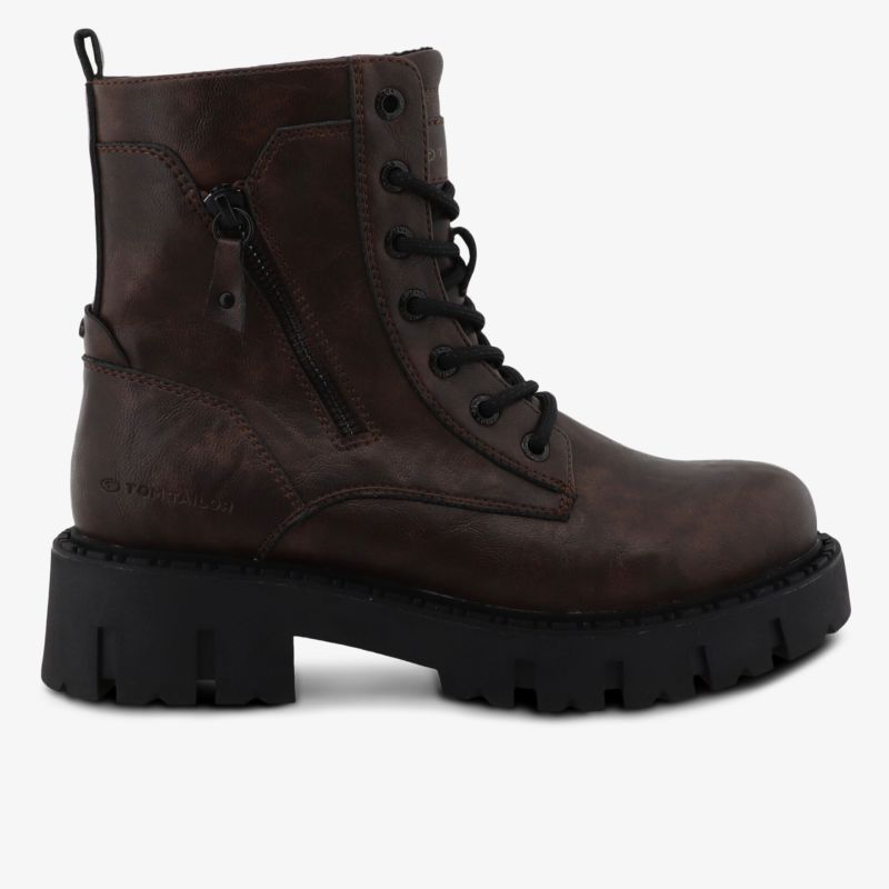 Robuster dunkelbrauner Schnürstiefel mit seitlichem Reißverschluss und grober Profilsohle für sicheren Halt