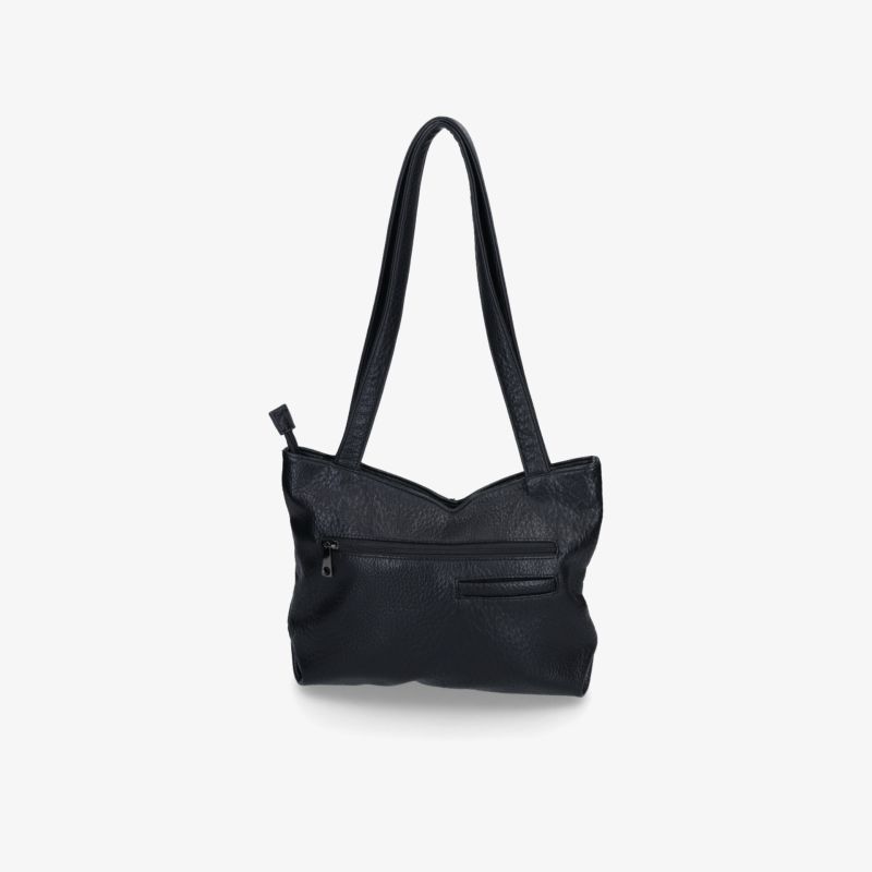 Schwarze elegante Handtasche mit praktischem Schulterriemen und Reißverschluss in klarer Frontansicht