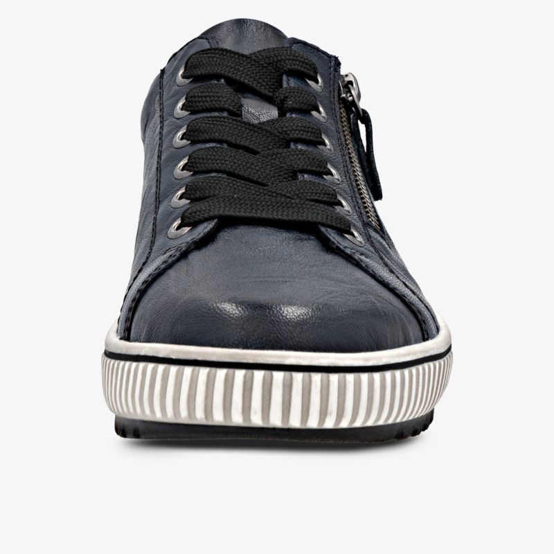 Schwarzer Schuh mit Reißverschluss und Schnürsenkeln, frontal aufgenommen, modern und bequem