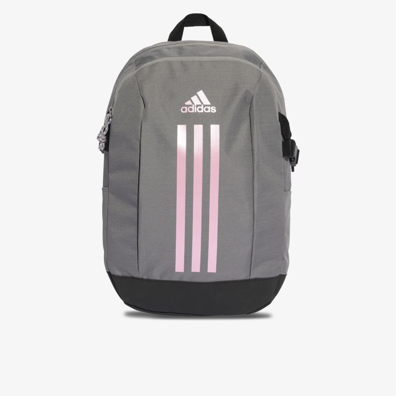 Moderner grauer Rucksack mit rosa Streifen, geräumig und komfortabel, sicherer Reißverschluss, ideal für Alltag und Sport