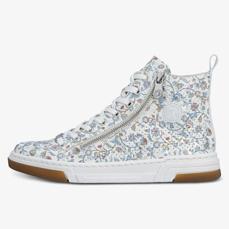 Seitliche Ansicht eines hochwertigen Sneakers mit floralem Muster und Reißverschluss für einfachen Einstieg