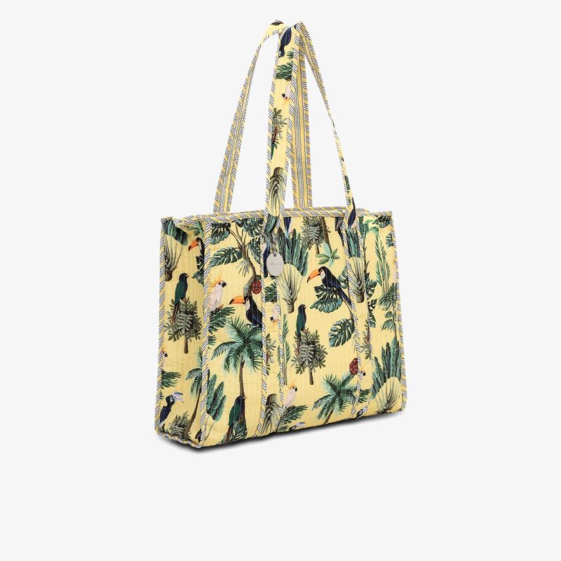 Große Tasche mit tropischem Pflanzenmuster und robusten Tragegriffen, ideal für Alltag und Freizeit