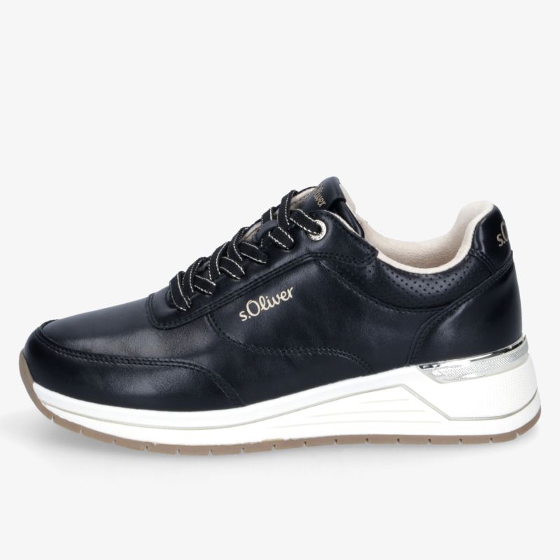 Schwarzer Sneaker mit weißer Sohle, seitliche Ansicht, sportlich und komfortabel, hochwertige Materialien