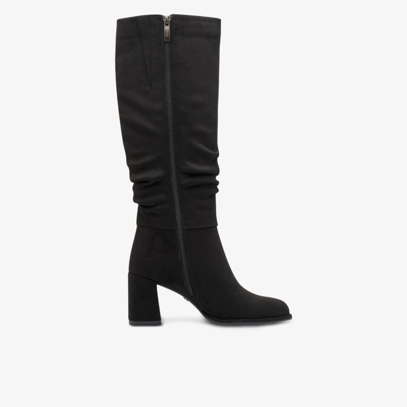 Eleganter kniehoher schwarzer Stiefel mit mittelhohem Blockabsatz und seitlichem Reißverschluss