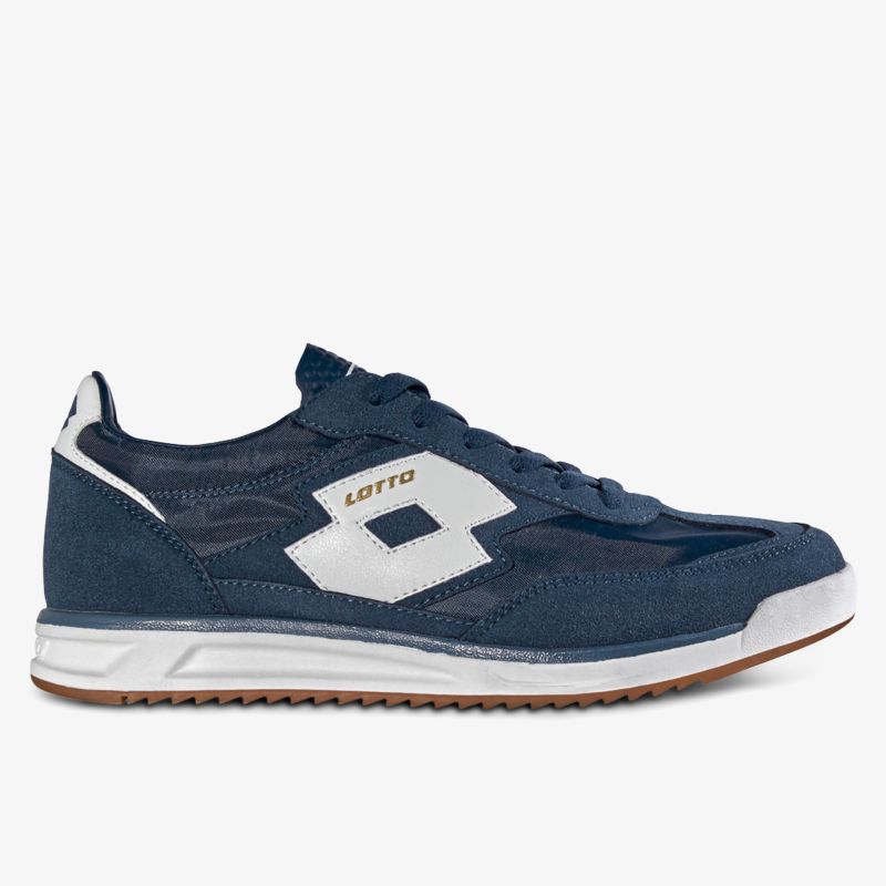 Blauer Sneaker mit hellen Akzenten und rutschfester Sohle in elegantem Design.