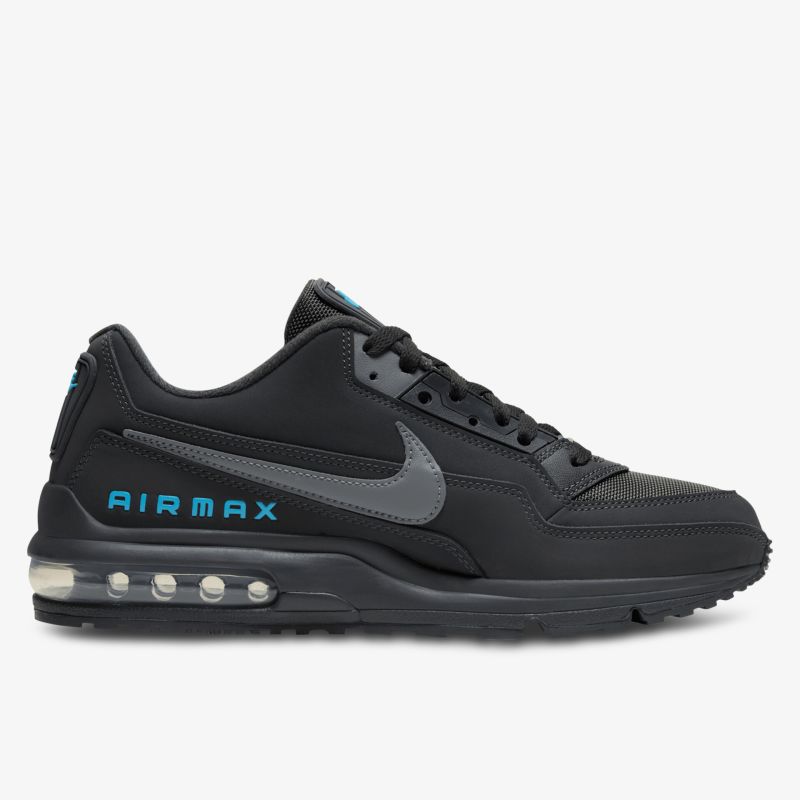 Stilvolle und komfortable schwarze AirMax mit blauen Akzenten und robustem Design.