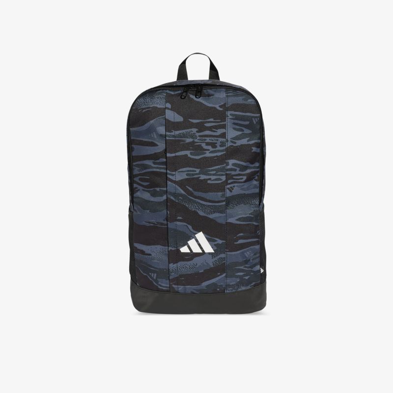 Schwarzer und blauer Camouflage-Rucksack mit Reißverschluss und Tragegriff, ideal für Alltag und Freizeit