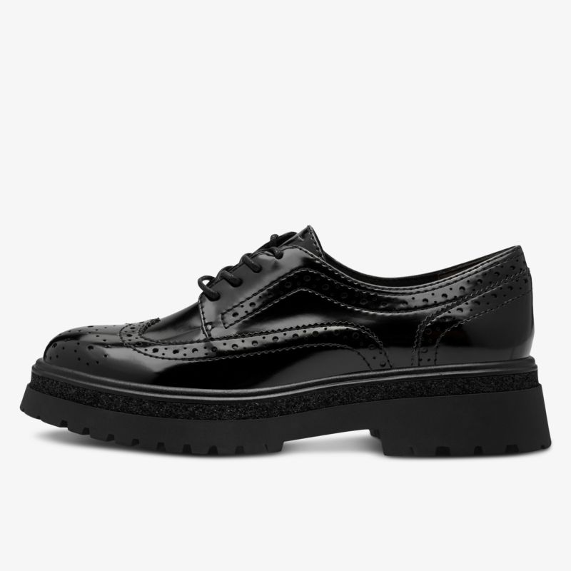 Schwarzer glänzender Brogue Derby Schuh mit dicker profilierter Sohle und komfortablem Design