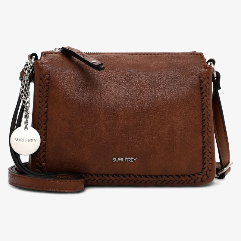 Kompakte braune Tasche aus Kunstleder mit Reißverschluss und verstellbarem Schulterriemen im klaren Frontblick