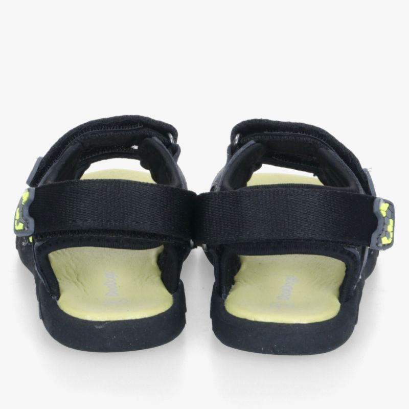 Rückansicht schwarze Sandalen mit verstellbaren Riemen und gepolstertem, bequemen Fußbett, langlebig und rutschfest