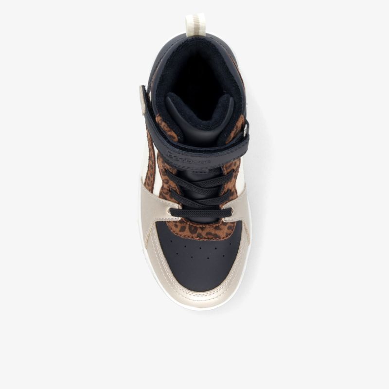 Leichter Sportschuh in Schwarz und Beige mit Leopardenmuster, gepolstertem Kragen und robusten Schnürsenkeln