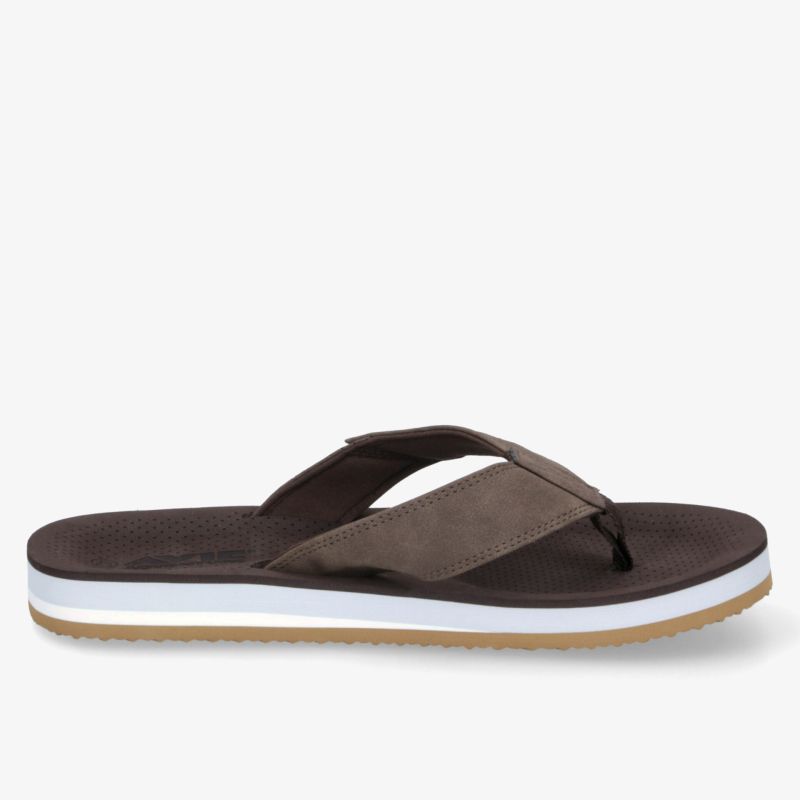 Seitenansicht bequemer brauner Flipflop mit dämpfender Sohle und rutschfestem Fußbett, moderner Look