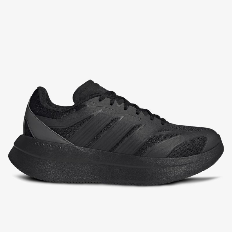 Seitliche Ansicht eines sportlichen, schwarzen Schuhs mit modernem Design und bequemer Passform