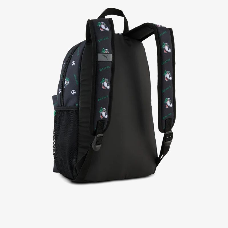 Schwarzer Rucksack mit gepolsterten Trägern und seitlichen Taschen, robust und alltagstauglich