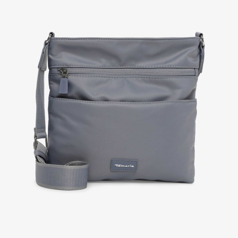 Graue moderne Umhängetasche mit verstellbarem Schultergurt und mehreren Reißverschlussfächern, praktisch und robust