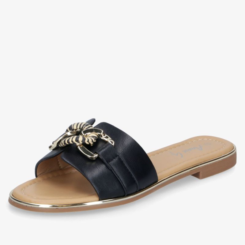 Elegante schwarze flache Pantolette mit goldener Bienenverzierung, offen und bequem für sommerlichen Komfort
