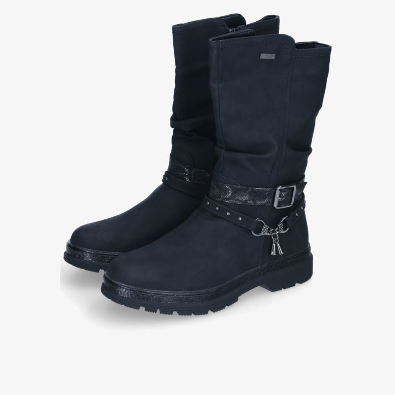 Schwarze Stiefel mit dekorativer Schnalle, warm gefüttert, robust und rutschfest, ideal für kalte Tage