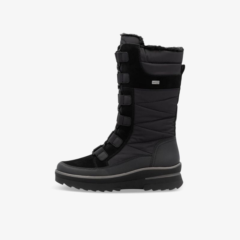 Schwarzer Winterschuh mit hohem Schaft und rutschfester Sohle, wasserabweisend und warm gefüttert, seitliche Ansicht